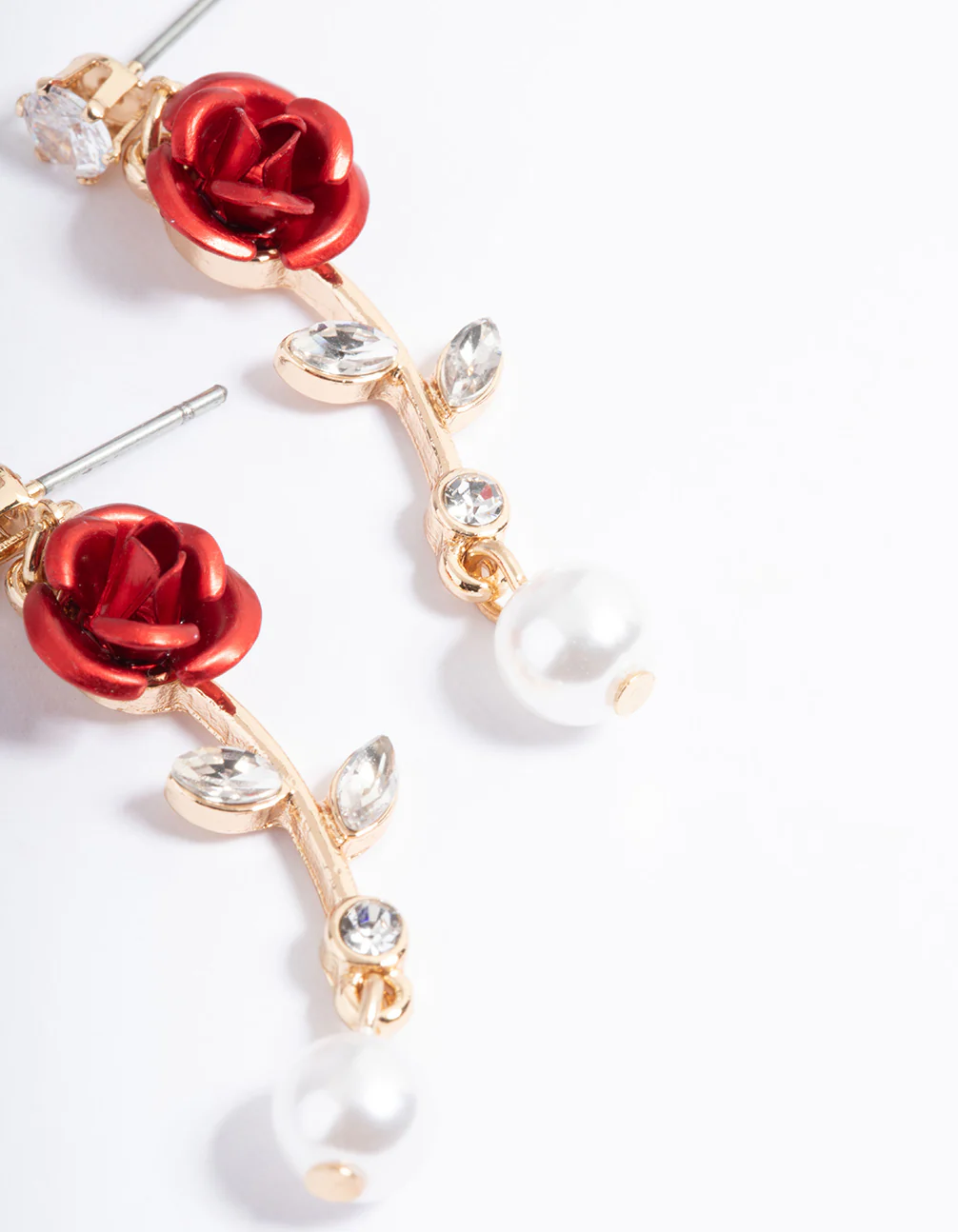 Red Bend Rose Pearly Drop Earrings - Image 3