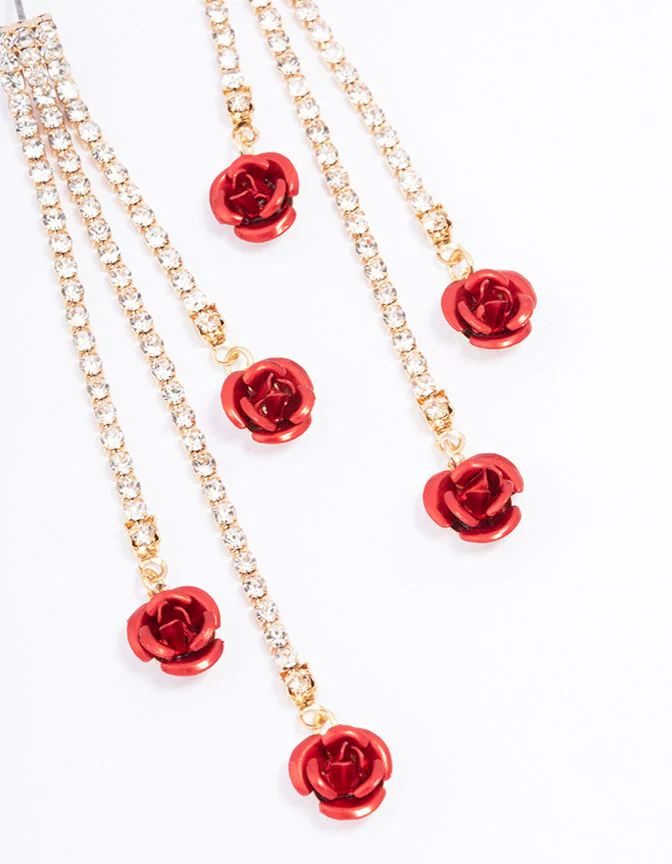 Red Cup Chain Flower Drop Earrings - Image 3
