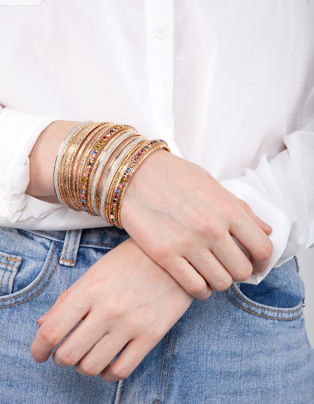 Gold Multi Stone Cupchain & Glitter Bangle 20-Pack - Image 4