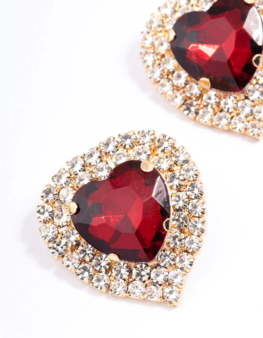 Red Diamante Heart Stone Stud Earrings - Image 2