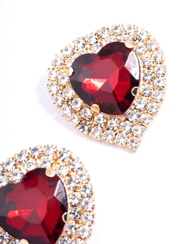 Red Diamante Heart Stone Stud Earrings - Image 3