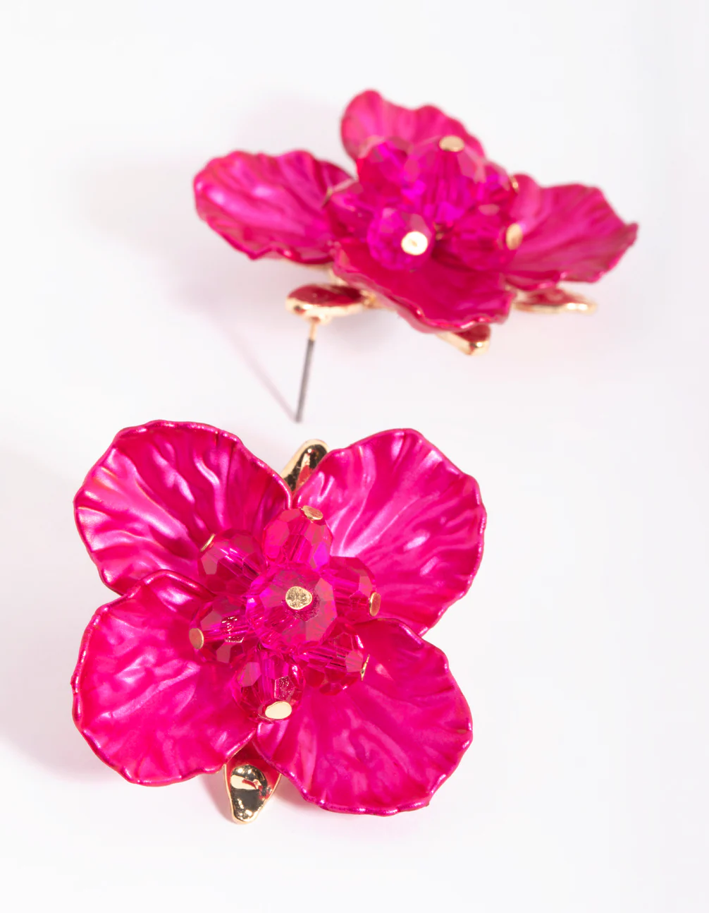 Fuchsia Pearlised Flower Stud Earrings - Image 2