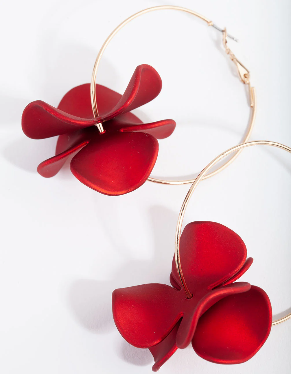 Gold Red Pearlised Flower Hoop Earrings - Image 2