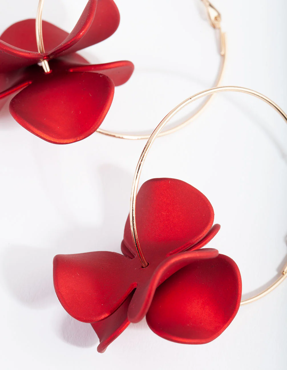 Gold Red Pearlised Flower Hoop Earrings - Image 3