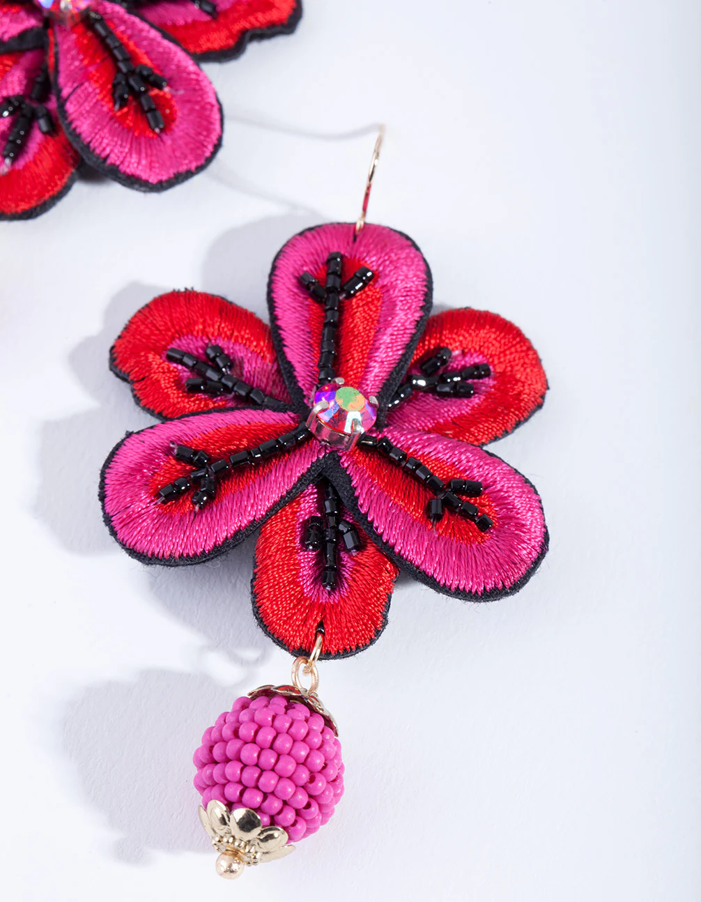 Red Embroidered Flower Earrings - Image 2