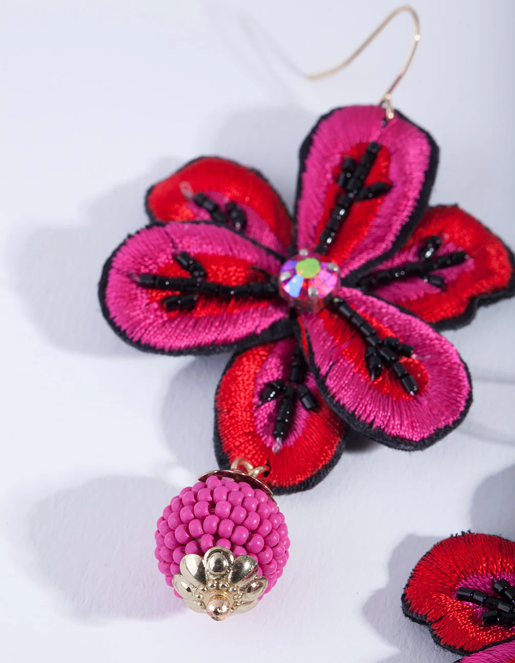 Red Embroidered Flower Earrings - Image 3