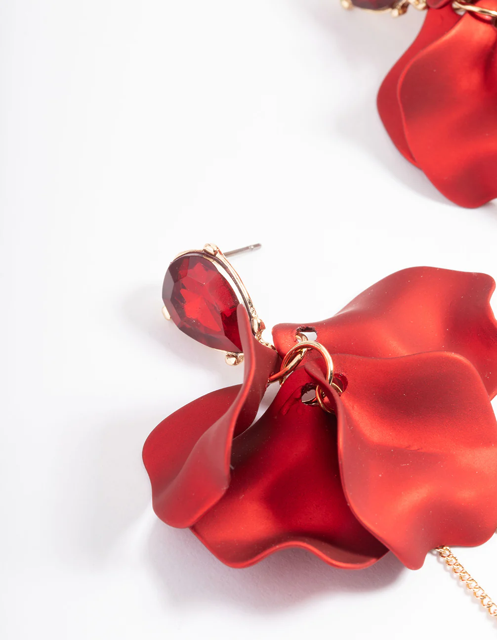 Red Teardrop Stone Petal Drop Earrings - Image 2