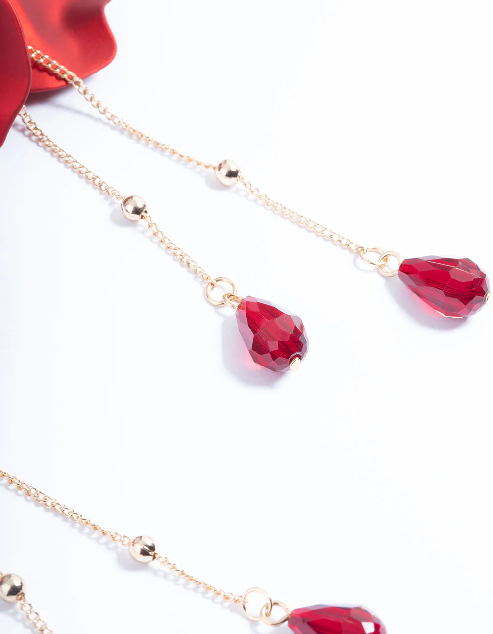 Red Teardrop Stone Petal Drop Earrings - Image 3