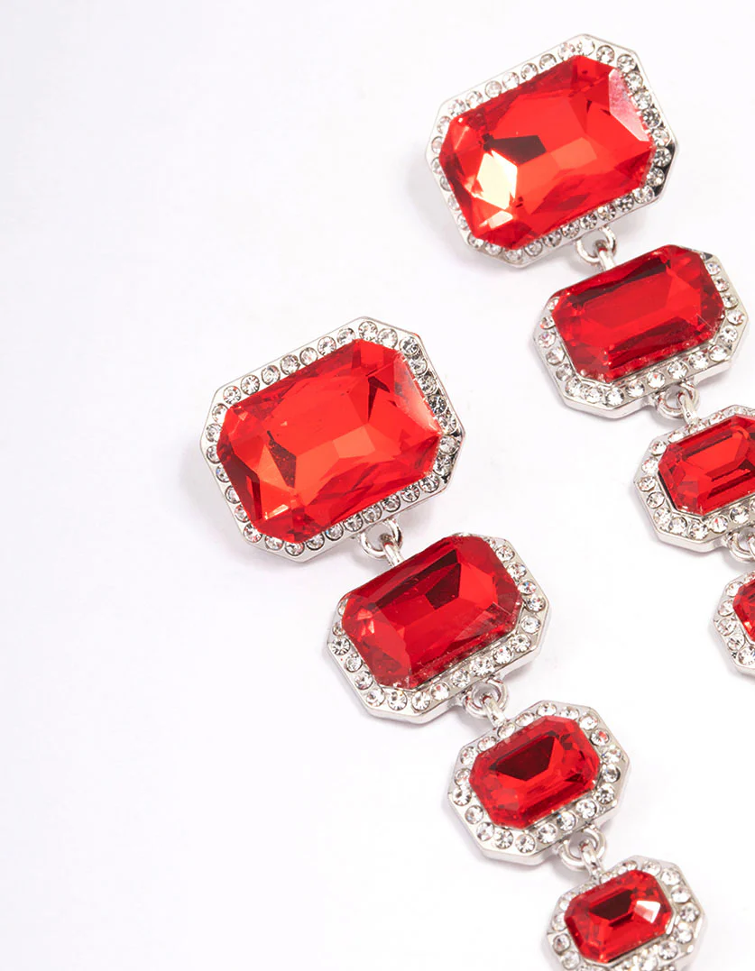 Red Graduating Multi Drop Earrings - Image 2