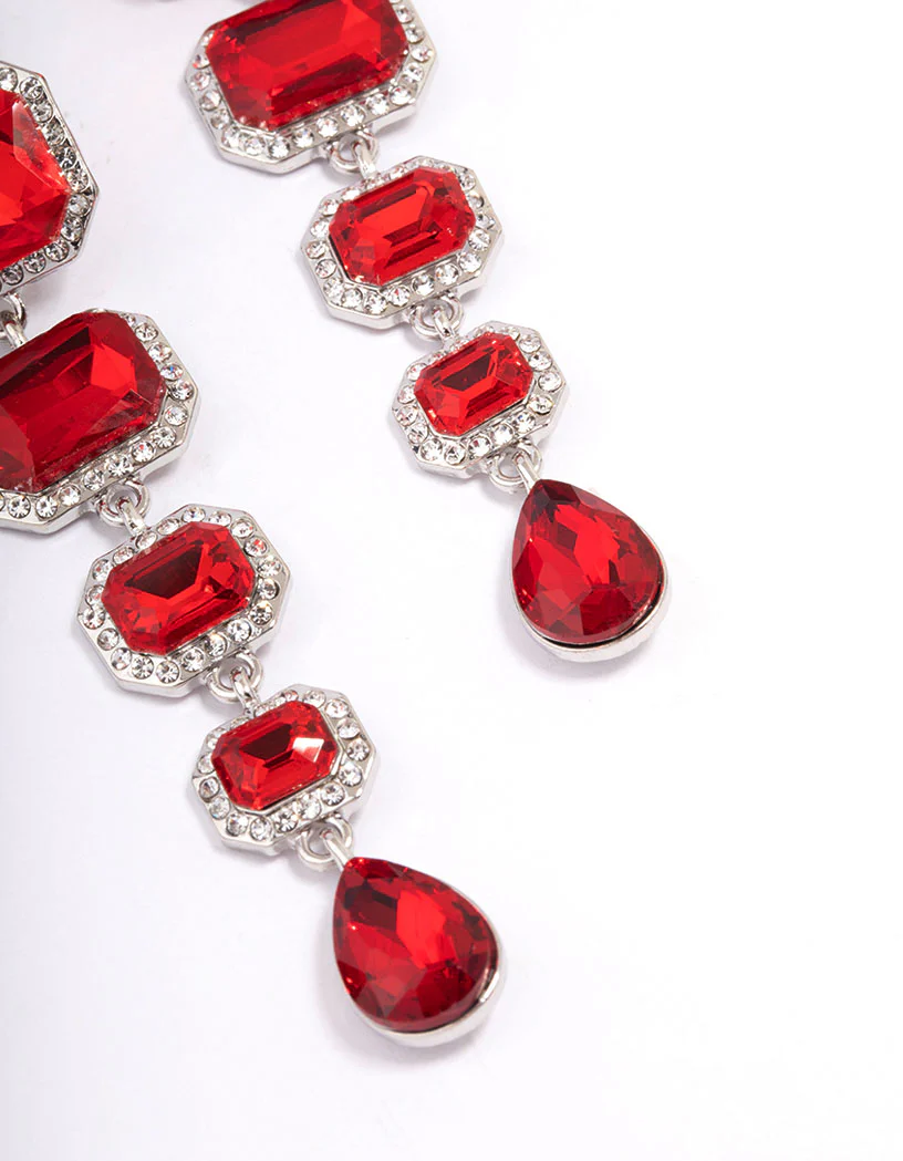 Red Graduating Multi Drop Earrings - Image 3