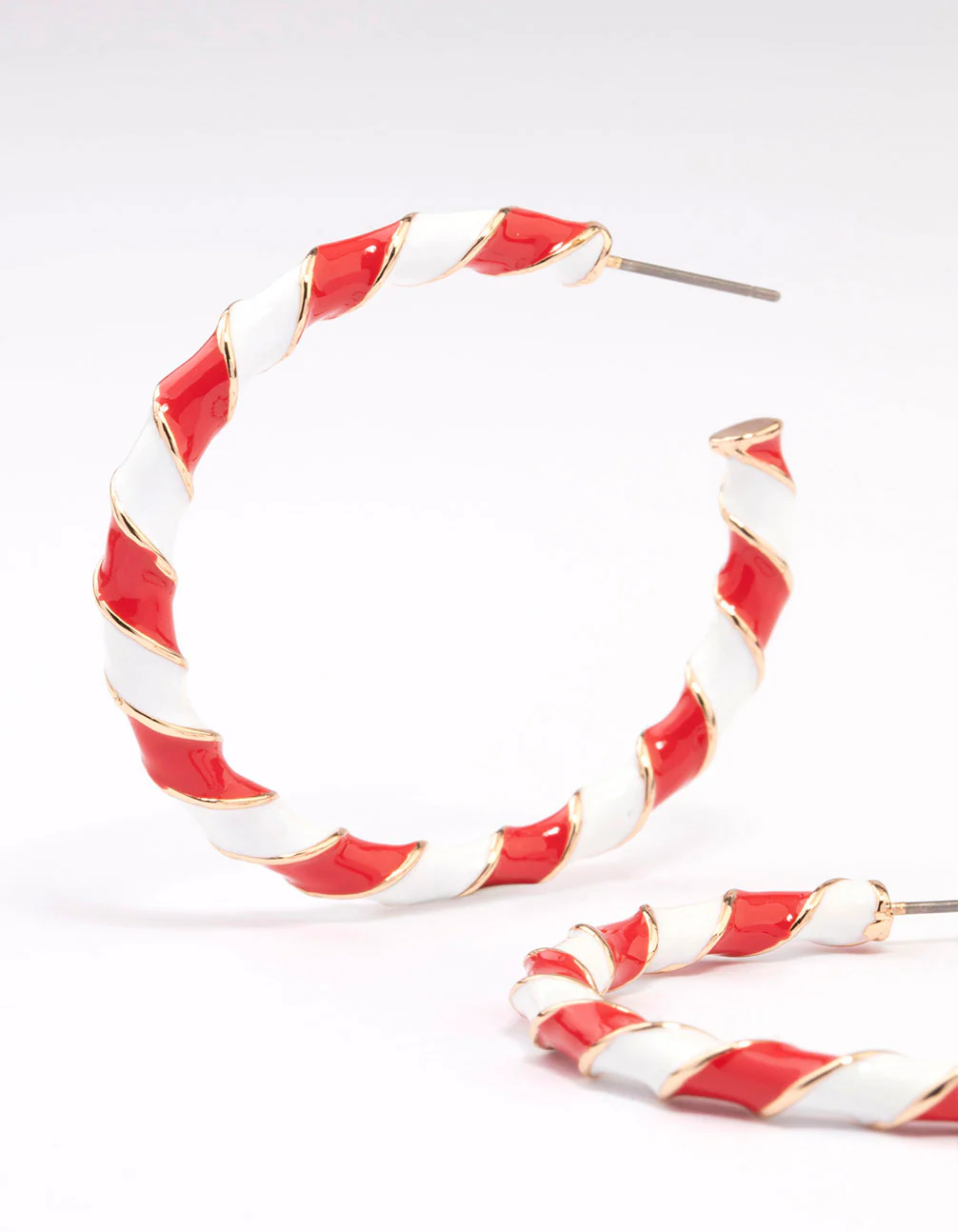 Red & White Enamel Candy Cane Hoop Earrings - Image 2