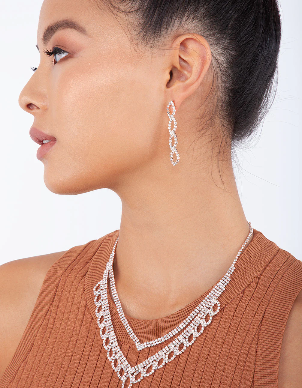 Rose Gold Diamante Earrings Necklace Leaf Set - Image 2