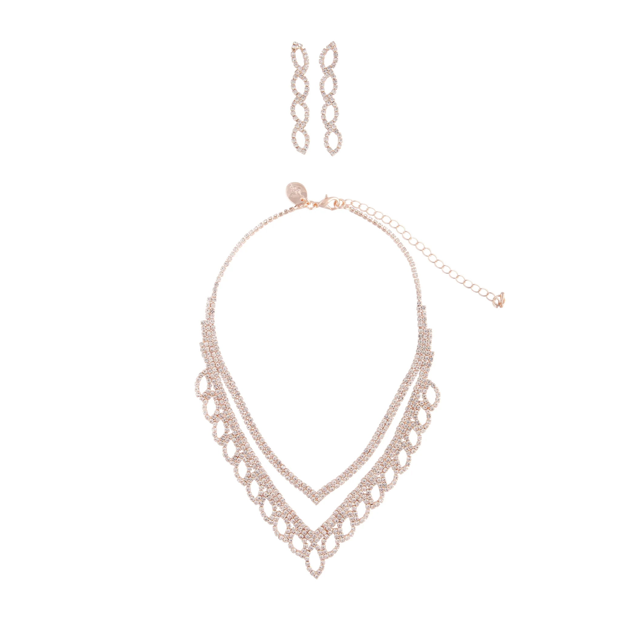 Rose Gold Diamante Earrings Necklace Leaf Set - Image 3