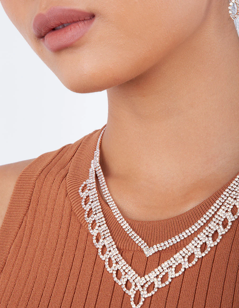 Rose Gold Diamante Earrings Necklace Leaf Set - Image 4