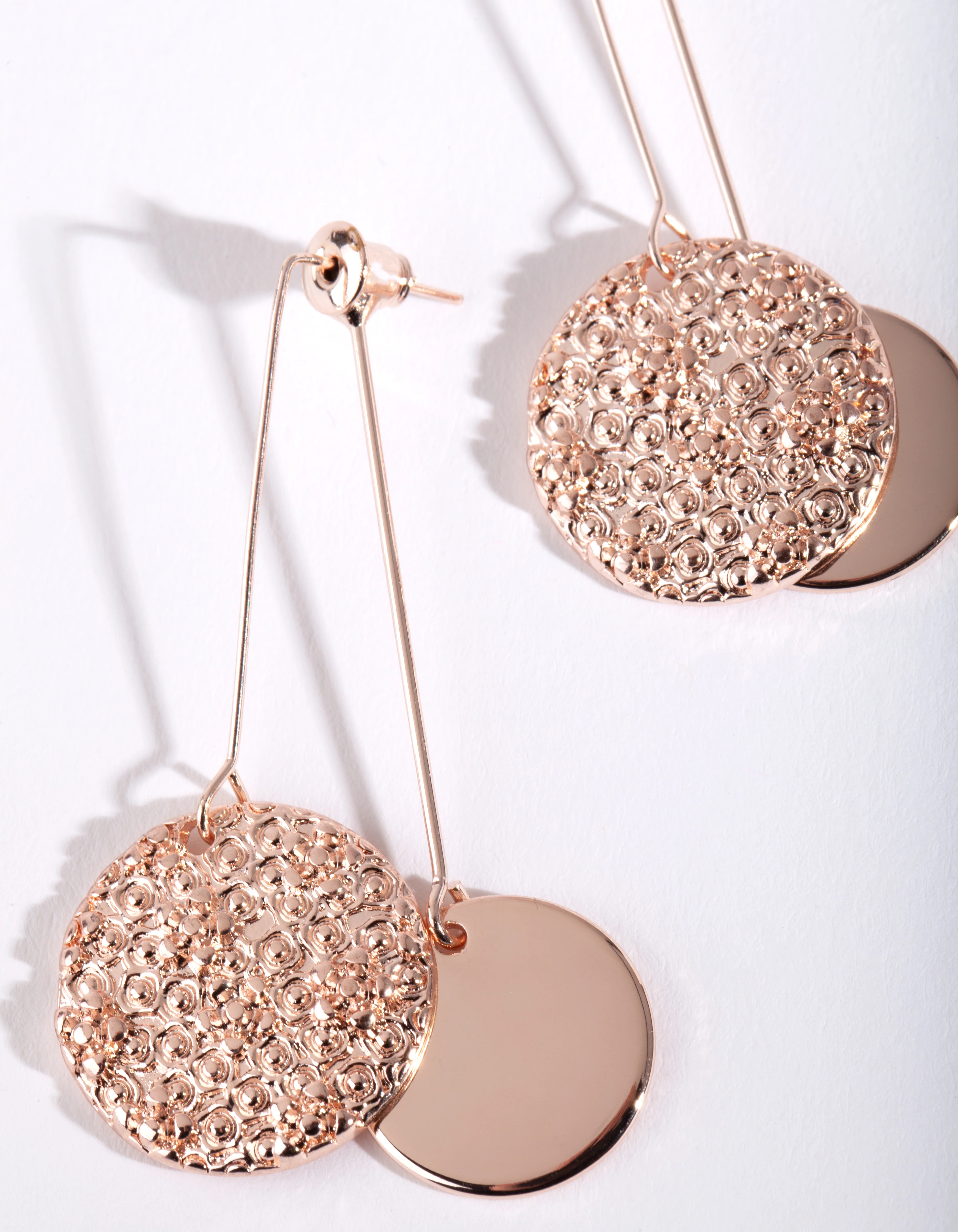 Rose Gold Double Disc Drop Earrings - Image 2