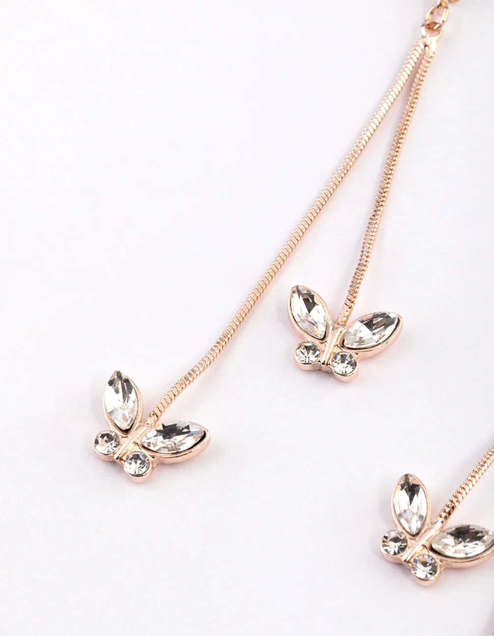 Rose Gold Diamante Butterfly Long Drop Earrings - Image 2