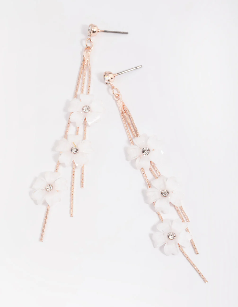 Rose Gold White Flower Drop Earrings - Image 3