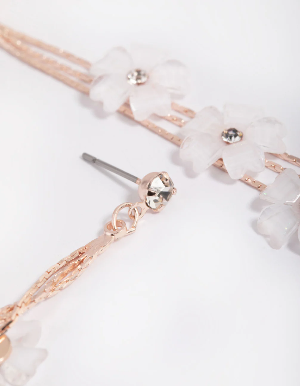Rose Gold White Flower Drop Earrings - Image 4