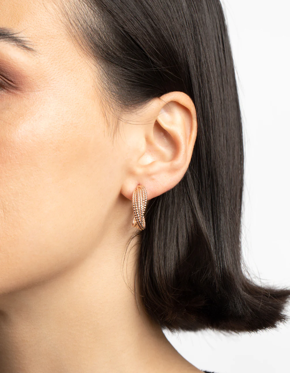 Rose Gold Criss Cross Hoop Earrings - Image 2