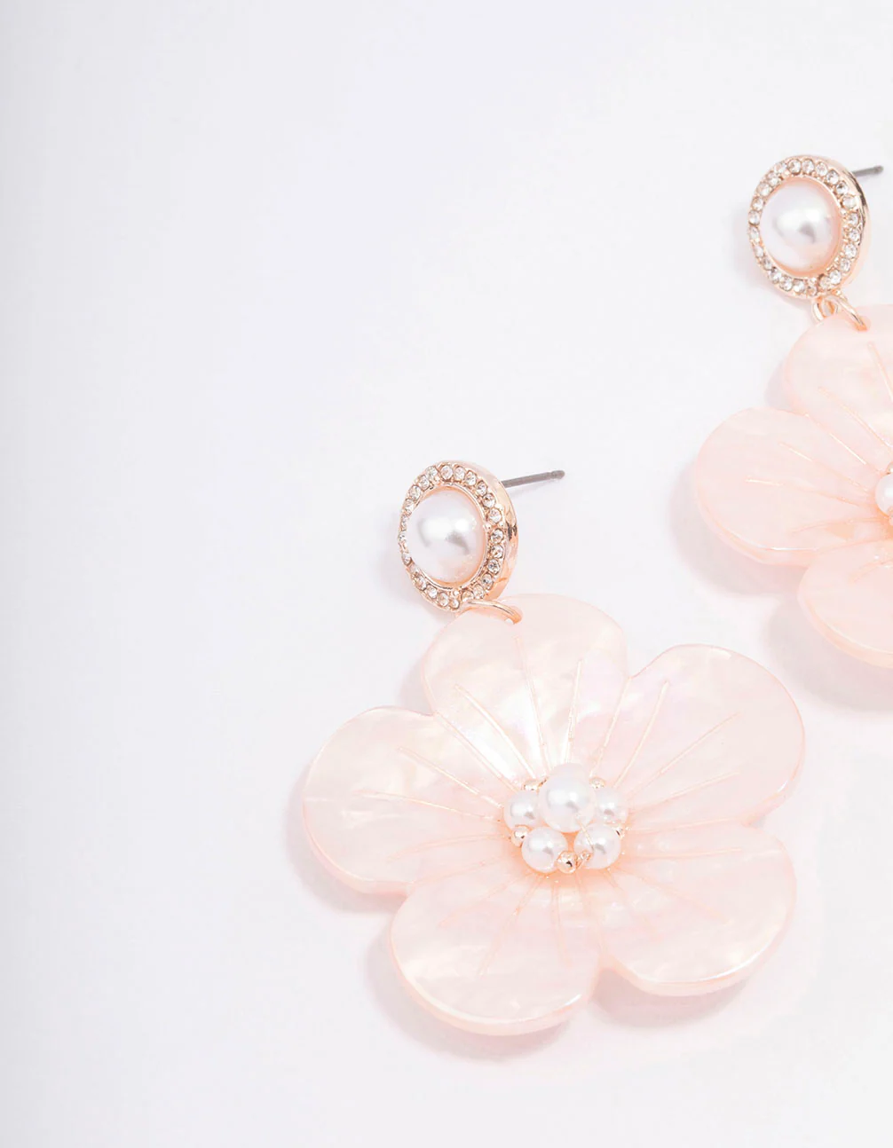 Rose Gold Acrylic Flower Pearl Drop Earrings - Image 2