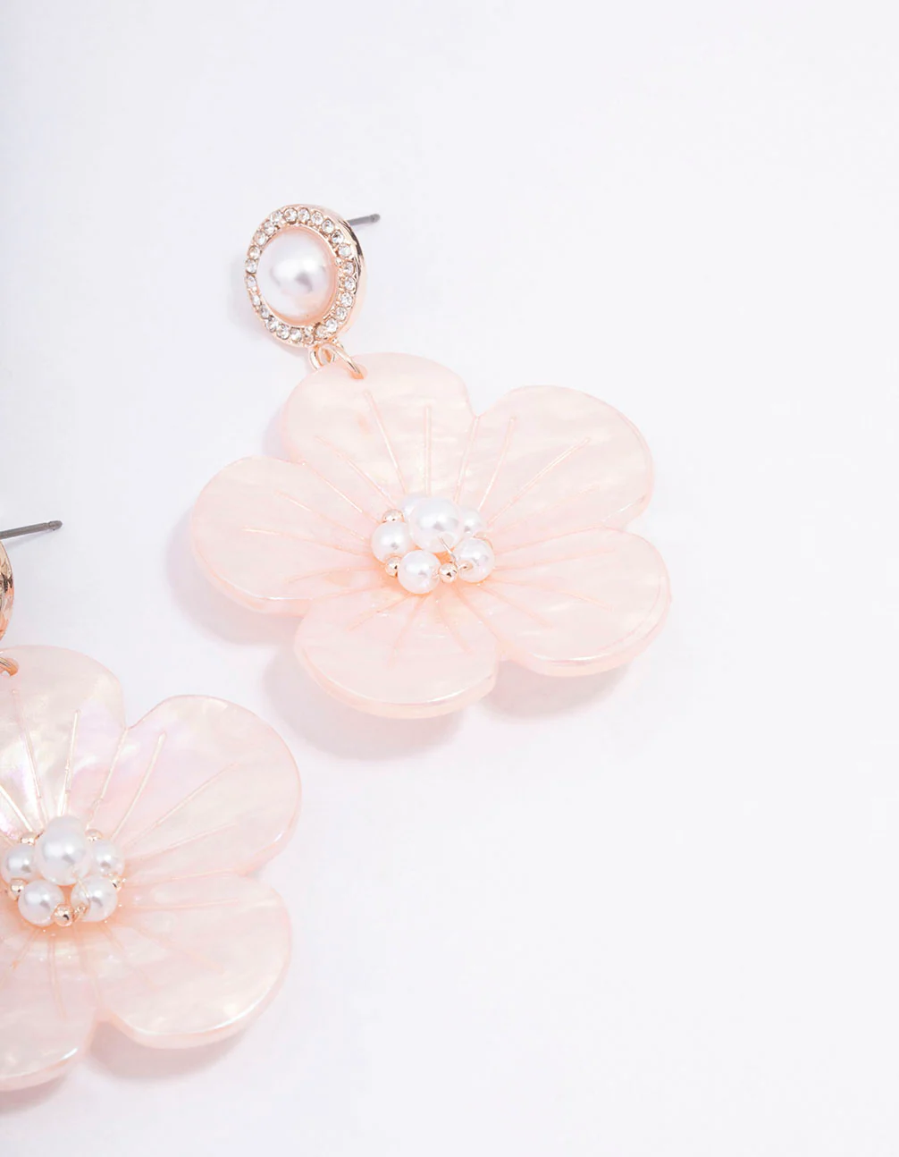 Rose Gold Acrylic Flower Pearl Drop Earrings - Image 3