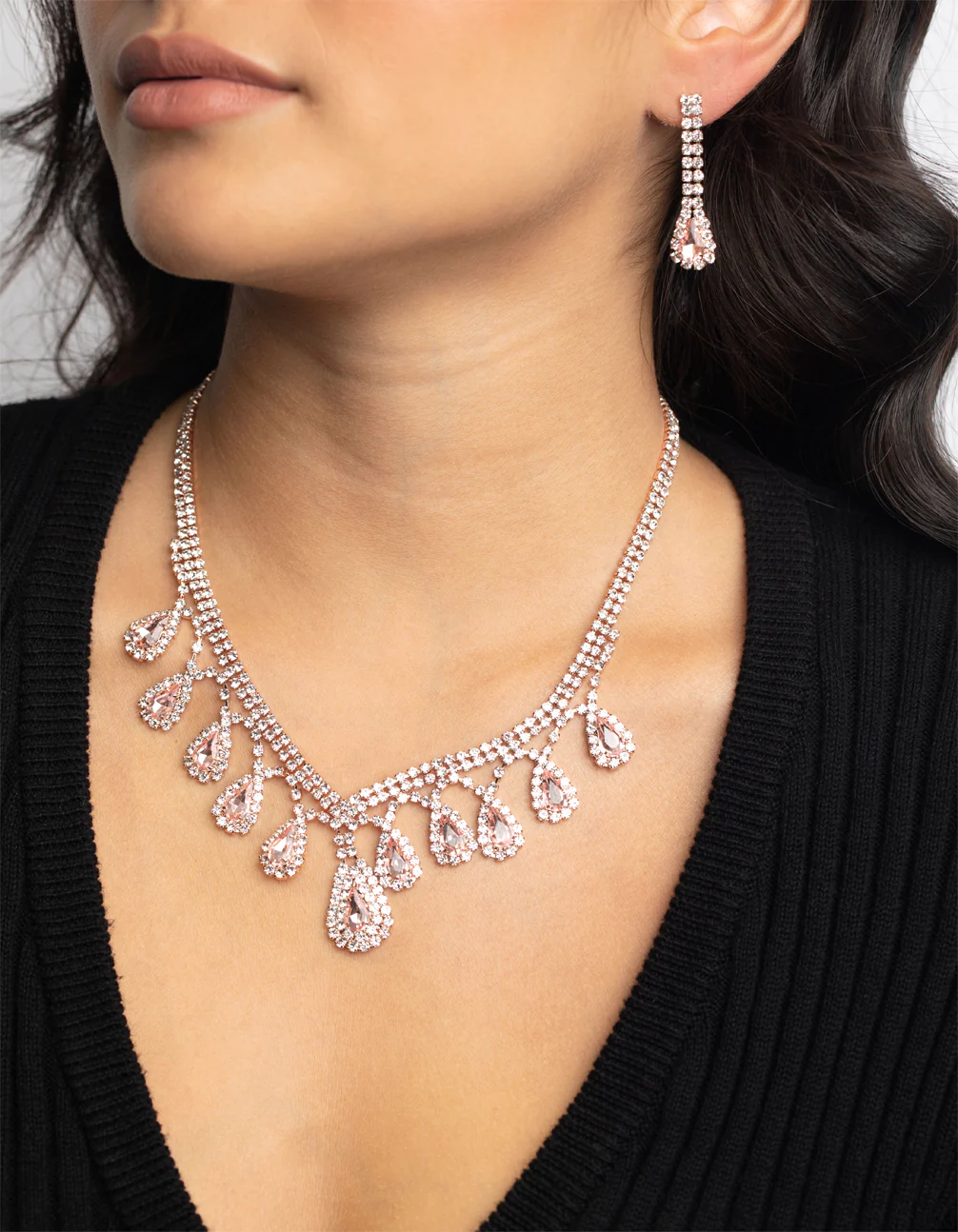 Rose Gold Teardrop Diamante Necklace & Earrings Set - Image 2