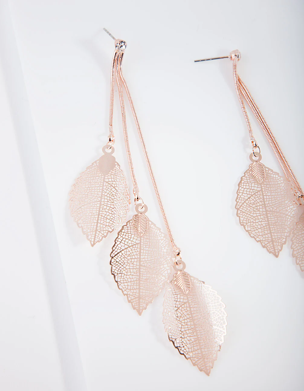 Rose Gold Waterfall Leaf Drop Earrings - Image 2