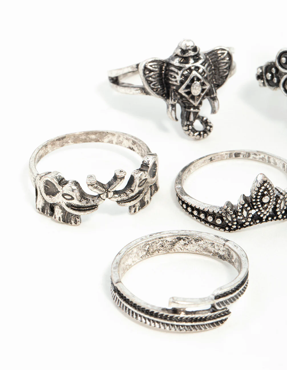 Antique Silver Boho Elephant Style Rings 8-Pack - Image 2