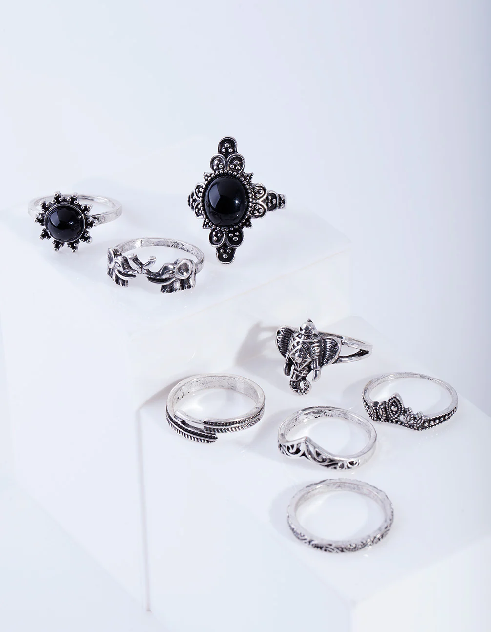 Antique Silver Boho Elephant Style Rings 8-Pack - Image 4