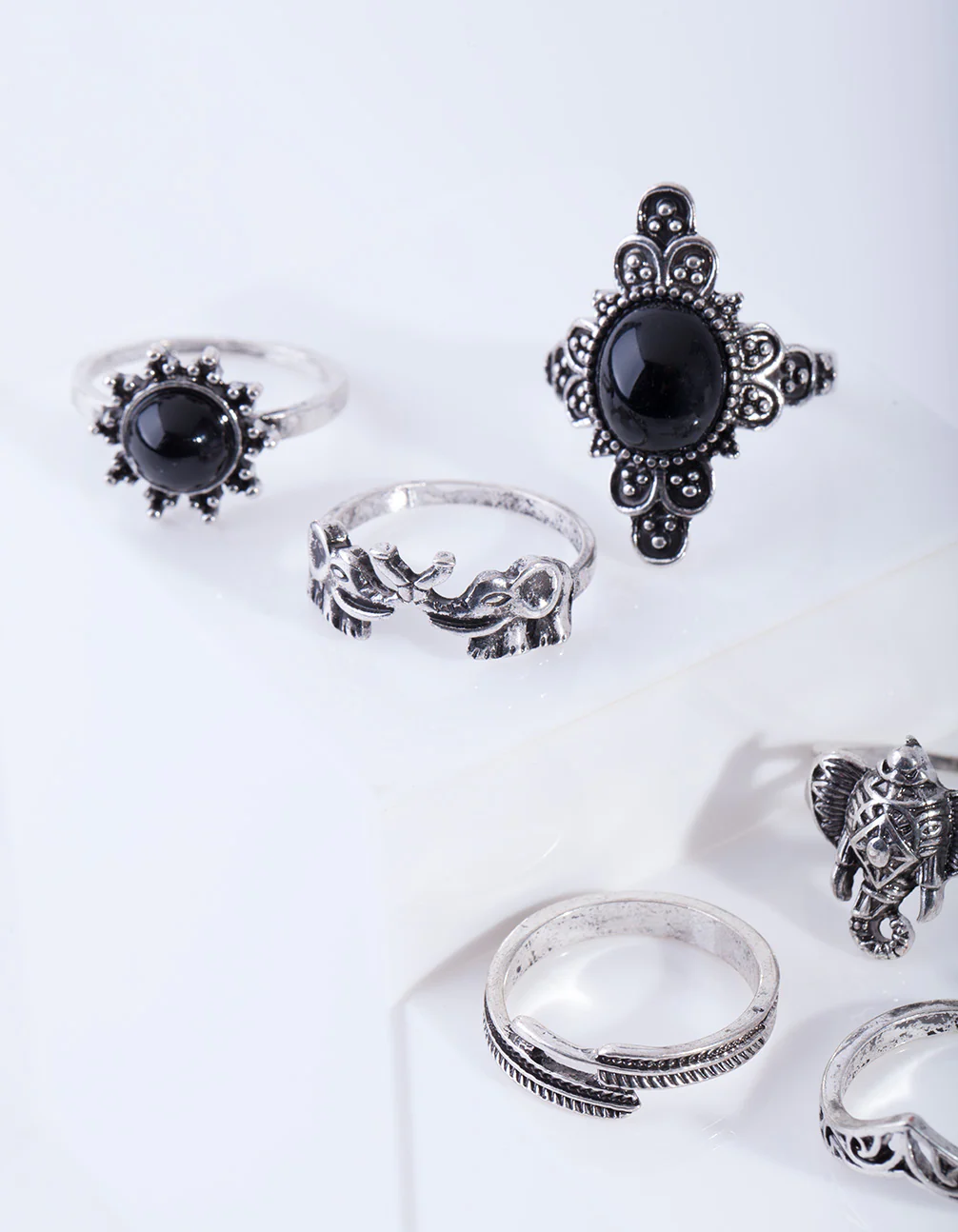 Antique Silver Boho Elephant Style Rings 8-Pack - Image 5