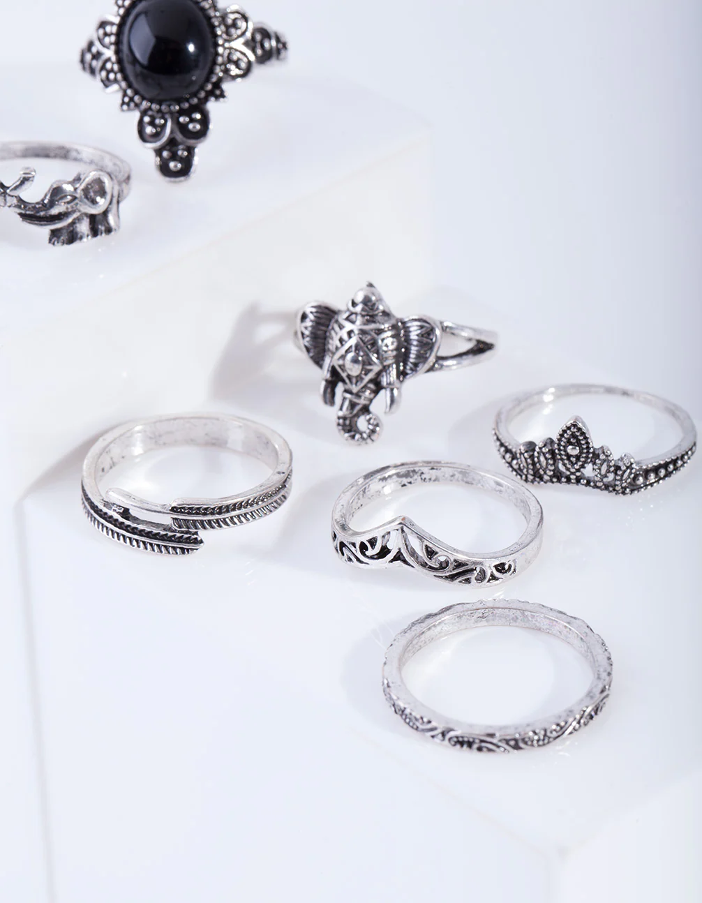 Antique Silver Boho Elephant Style Rings 8-Pack - Image 6