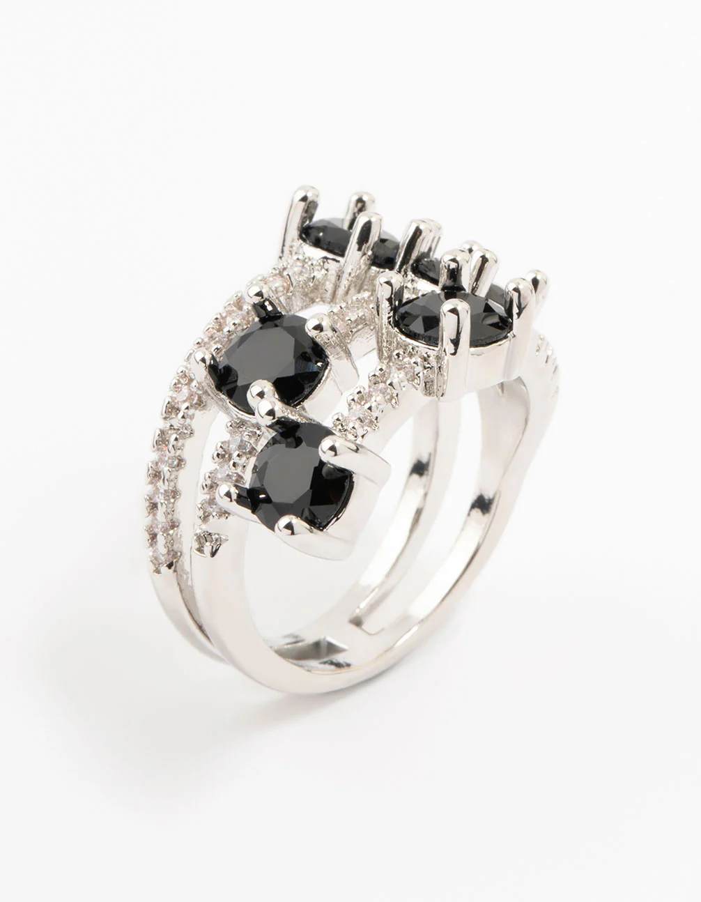 Silver Black 3 Row Round Cubic Zirconia Ring - Image 2