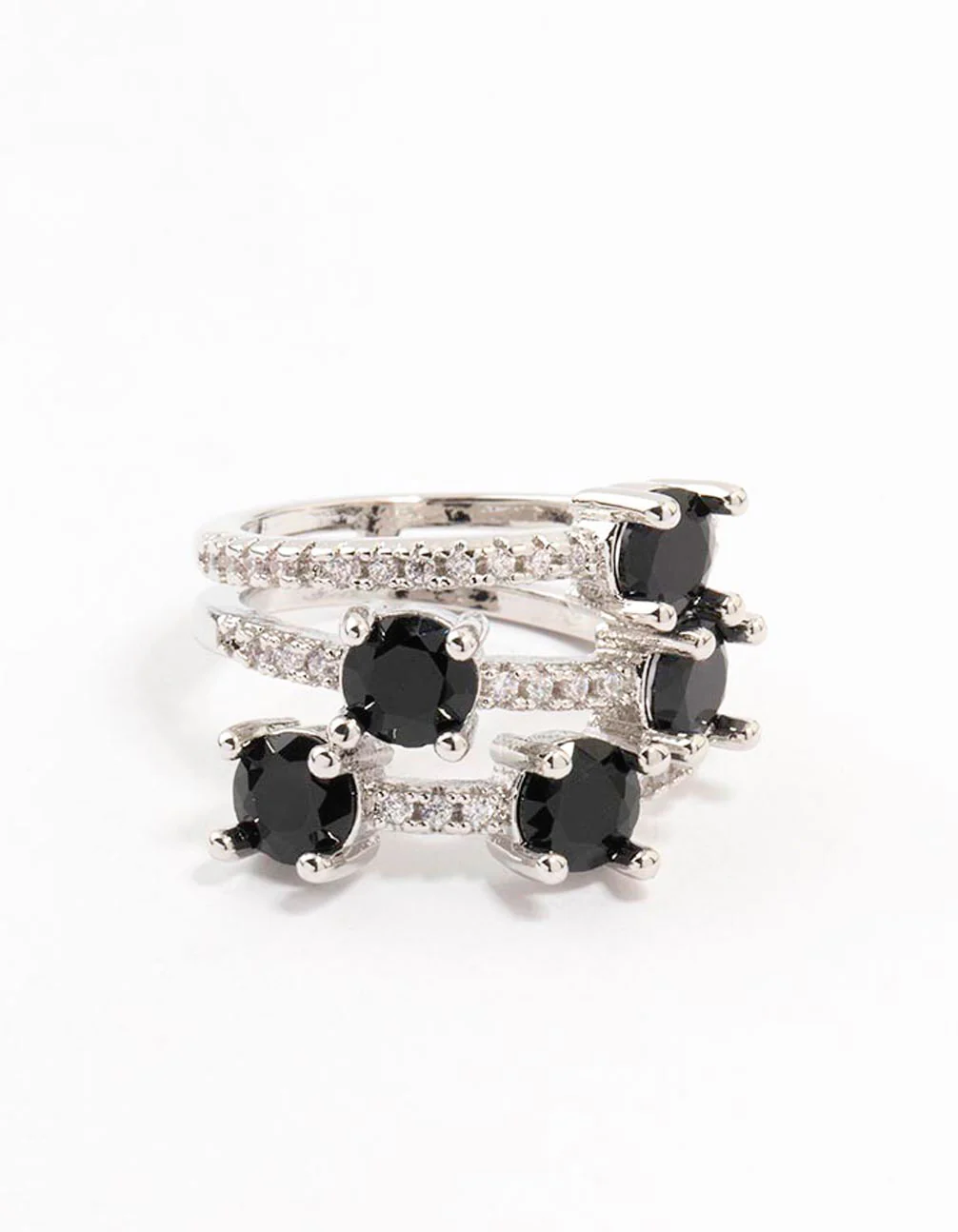 Silver Black 3 Row Round Cubic Zirconia Ring - Image 3