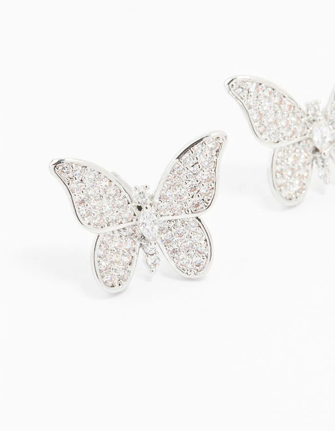 Silver Cubic Zirconia Butterfly Stud Earrings - Image 2