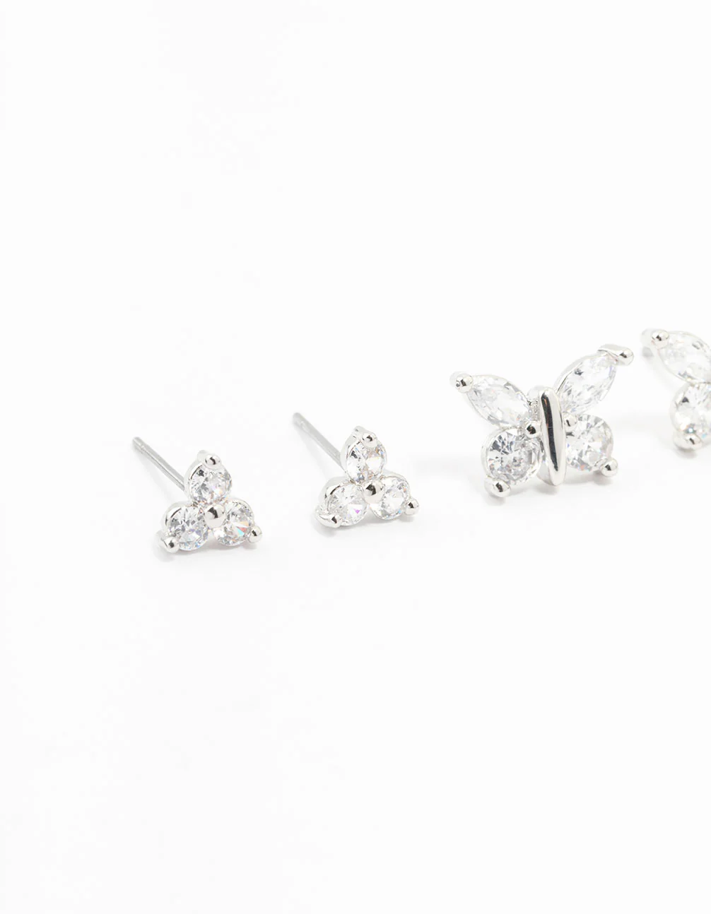 Silver Cubic Zirconia Butterfly Stud Earrings 3-Pack - Image 2