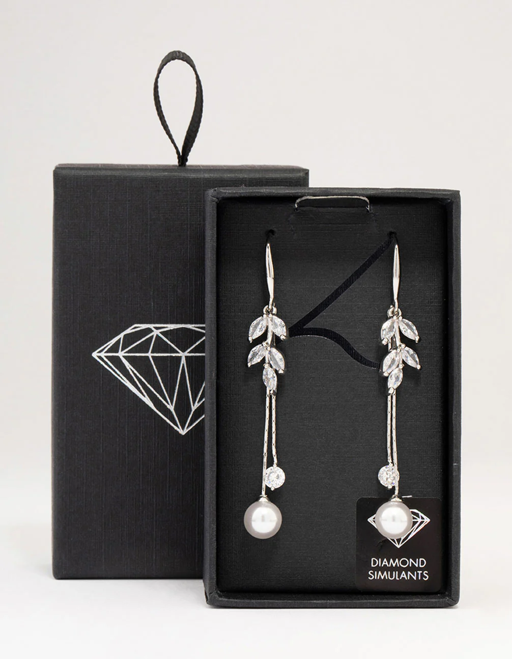Silver Cubic Zirconia Leaf & Pearl Drop Earrings - Image 3