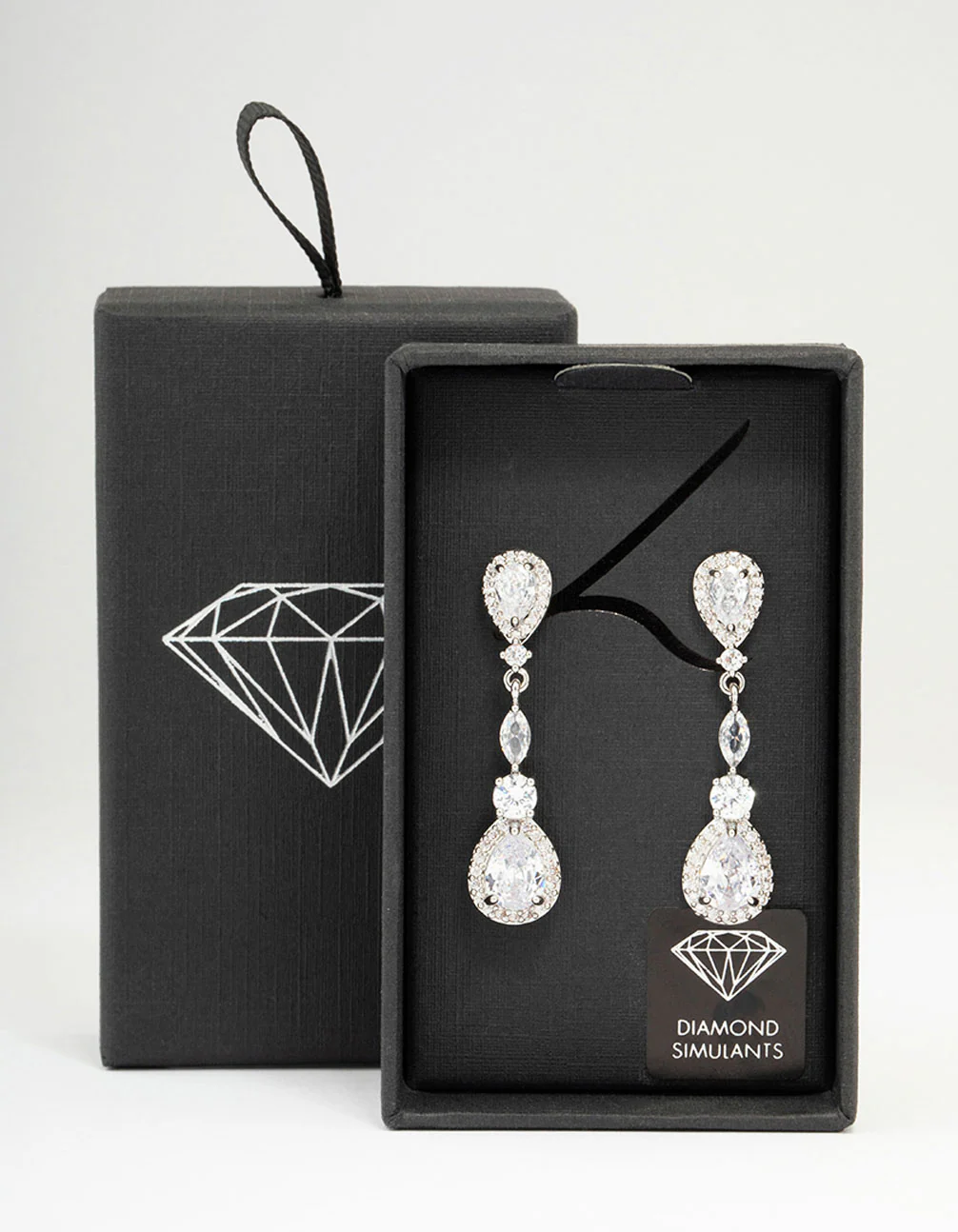 Silver Cubic Zirconia Pear Halo Drop Earrings - Image 3