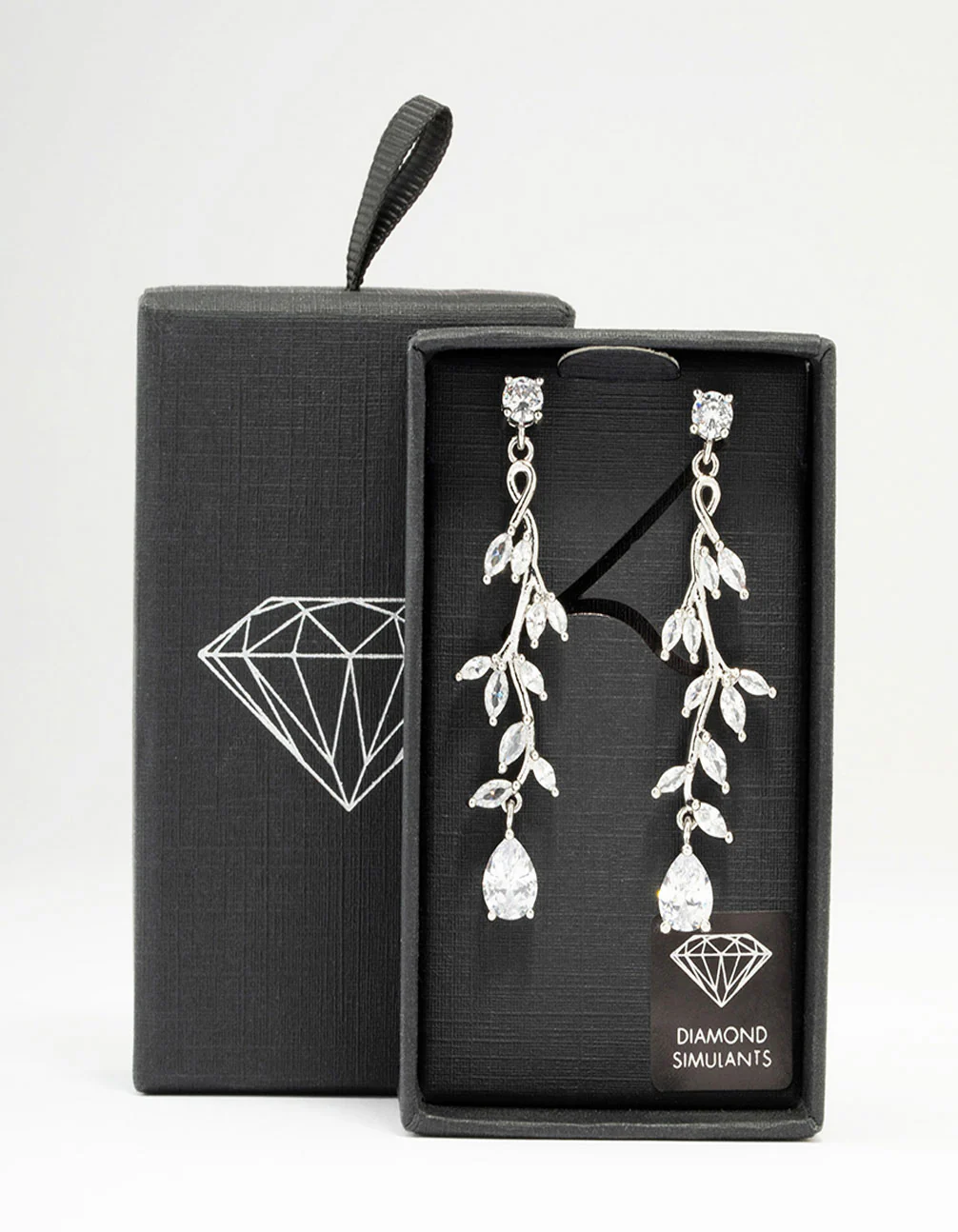 Silver Cubic Zirconia Vine Leaf Drop Earrings - Image 3