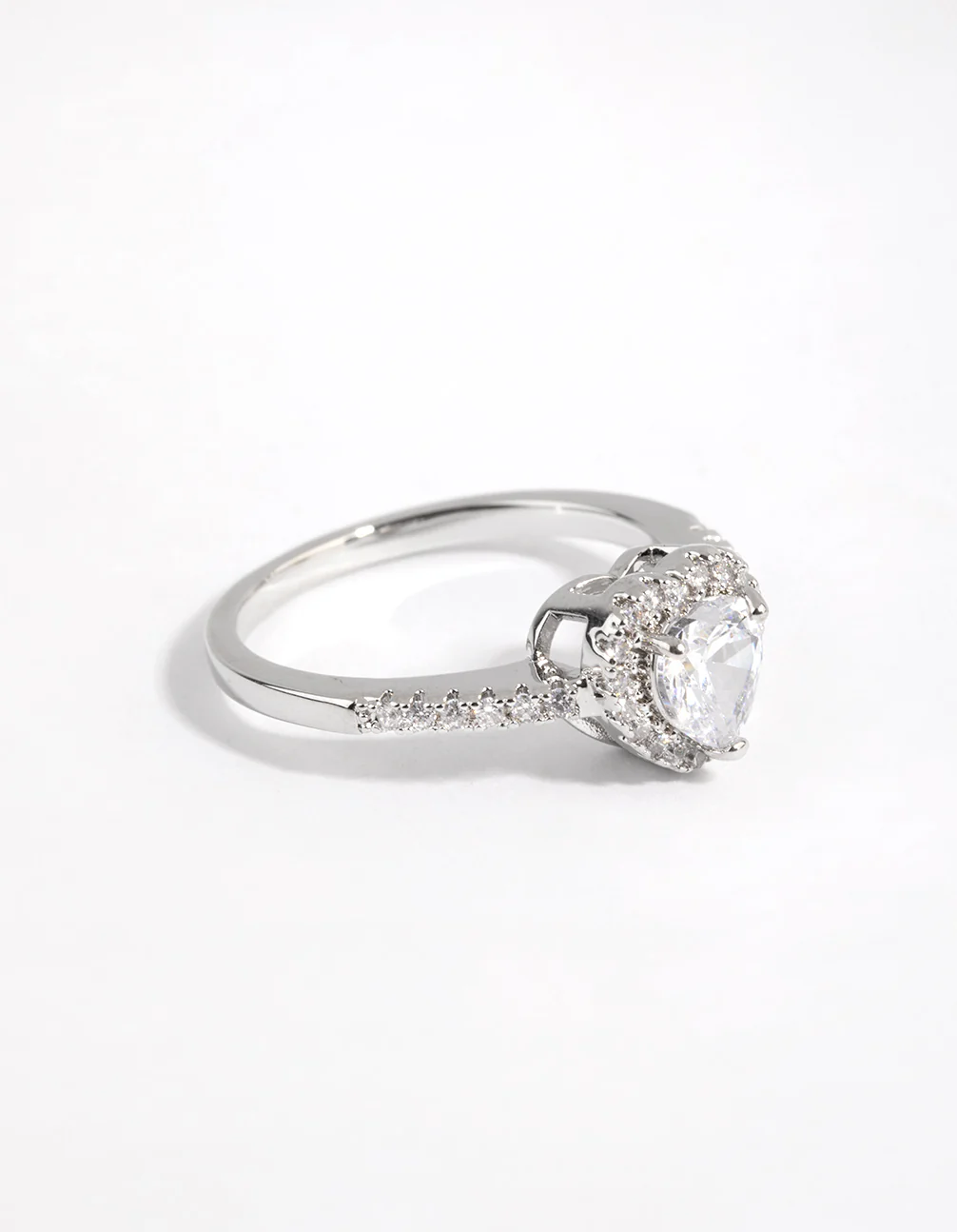 Rhodium Diamond Simulant Heart Halo Ring