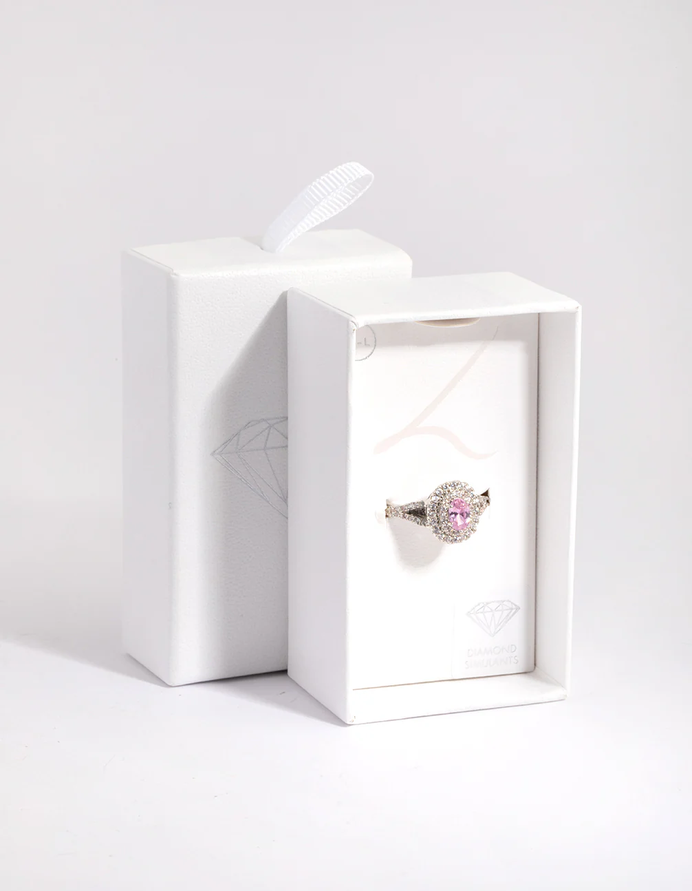 Silver Pink Diamond Simulant Oval Halo Ring - Image 3
