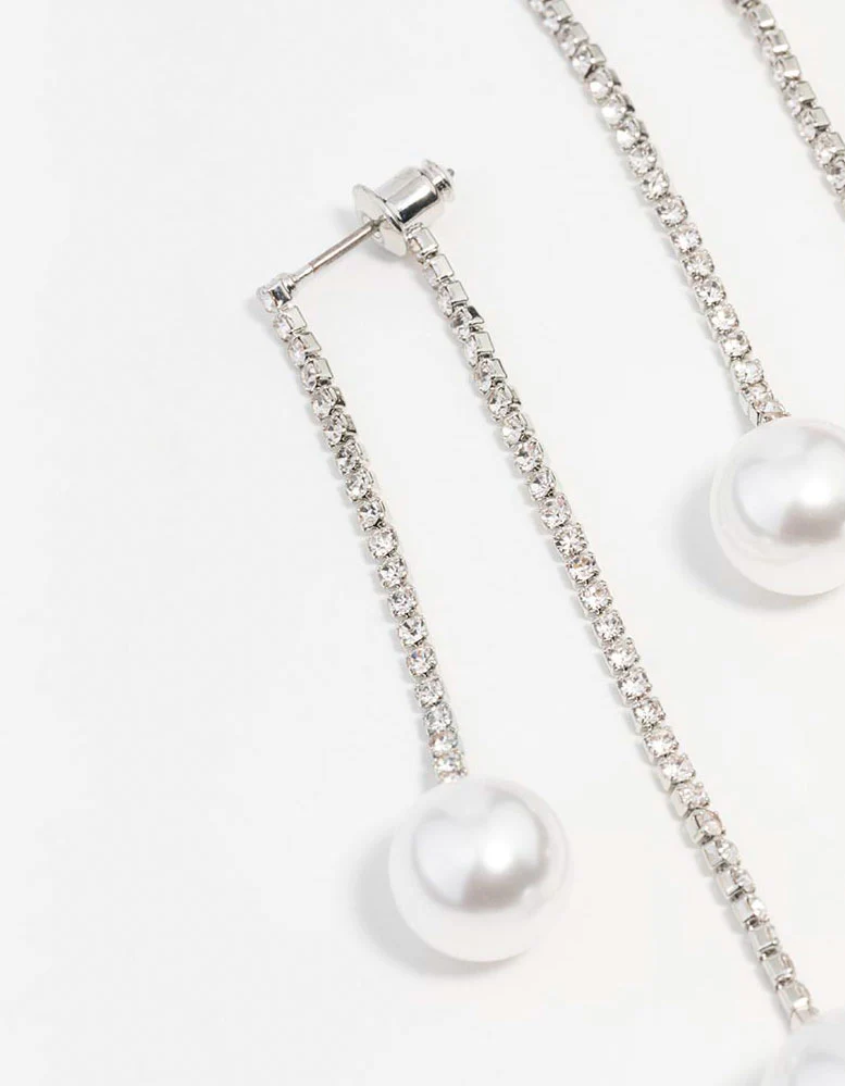 Silver Double Diamante Pearl Drop Earrings - Image 2