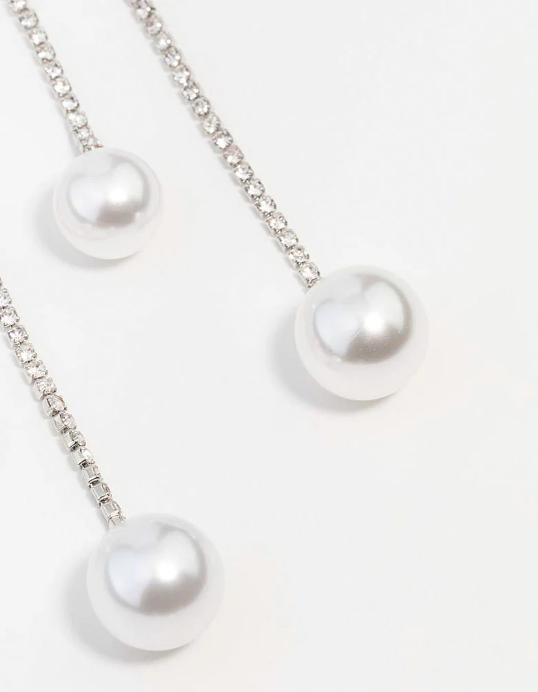 Silver Double Diamante Pearl Drop Earrings - Image 3