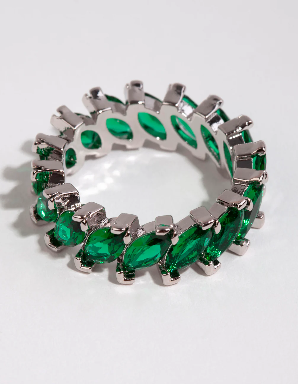 Silver Emerald Cubic Zirconia Navette Ring - Image 2