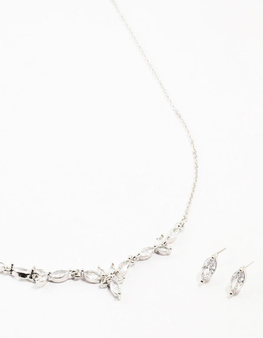 Silver Marquise Diamante Necklace & Earring Set - Image 2
