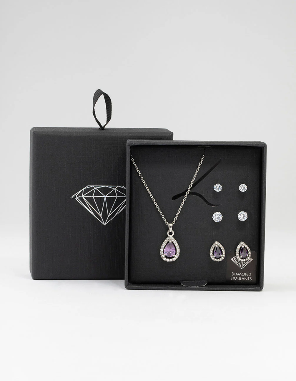 Rhodium Multiple Purple & Silver  Pear Earring & Necklace Set - Image 3