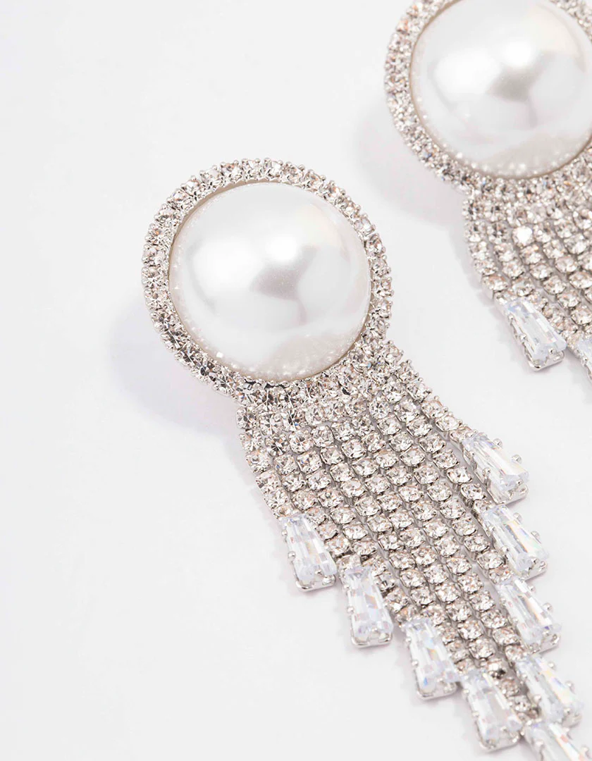 Silver Oversized Pearl Cup Chain Diamante Earrings - Image 2