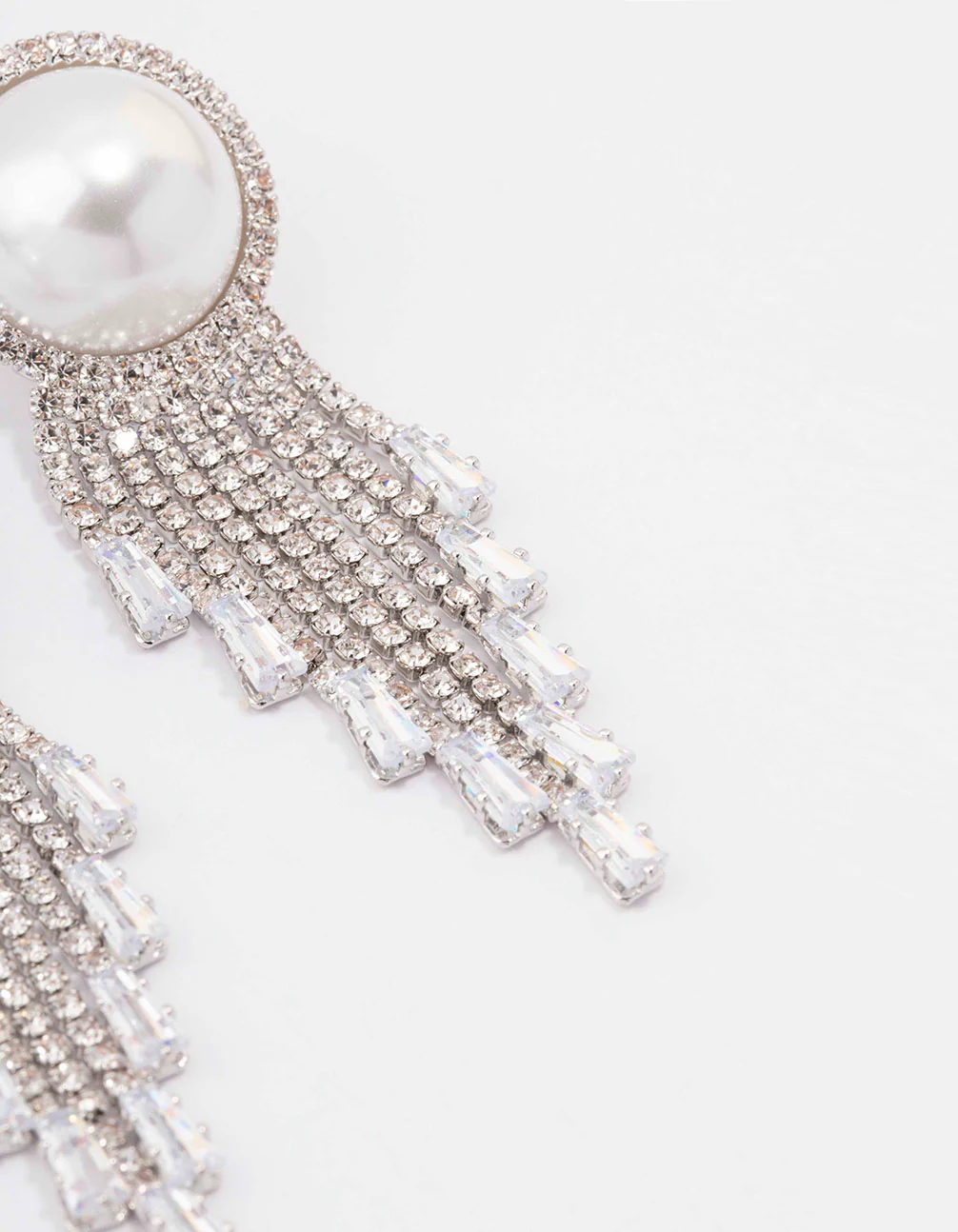 Silver Oversized Pearl Cup Chain Diamante Earrings - Image 3