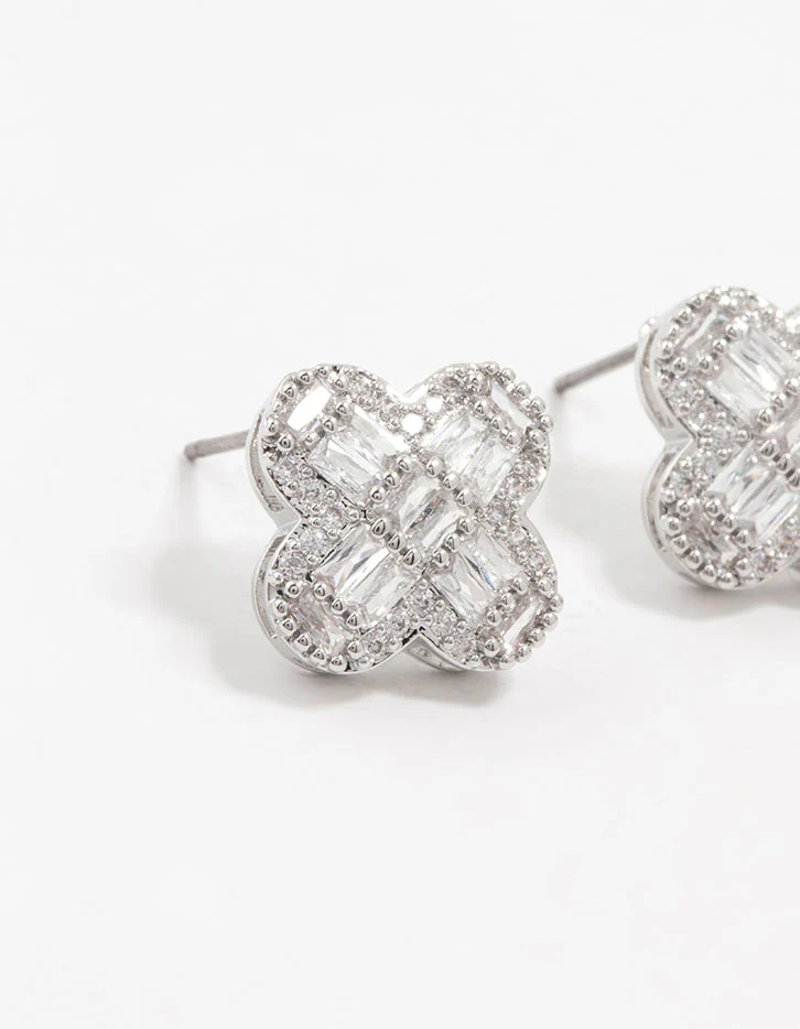 Silver Paved Flower Stud Earrings - Image 2