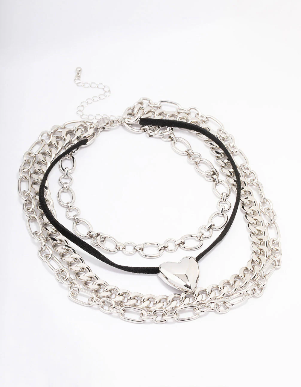 Silver Puffy Heart Layered Mixed Chain Necklace - Image 2
