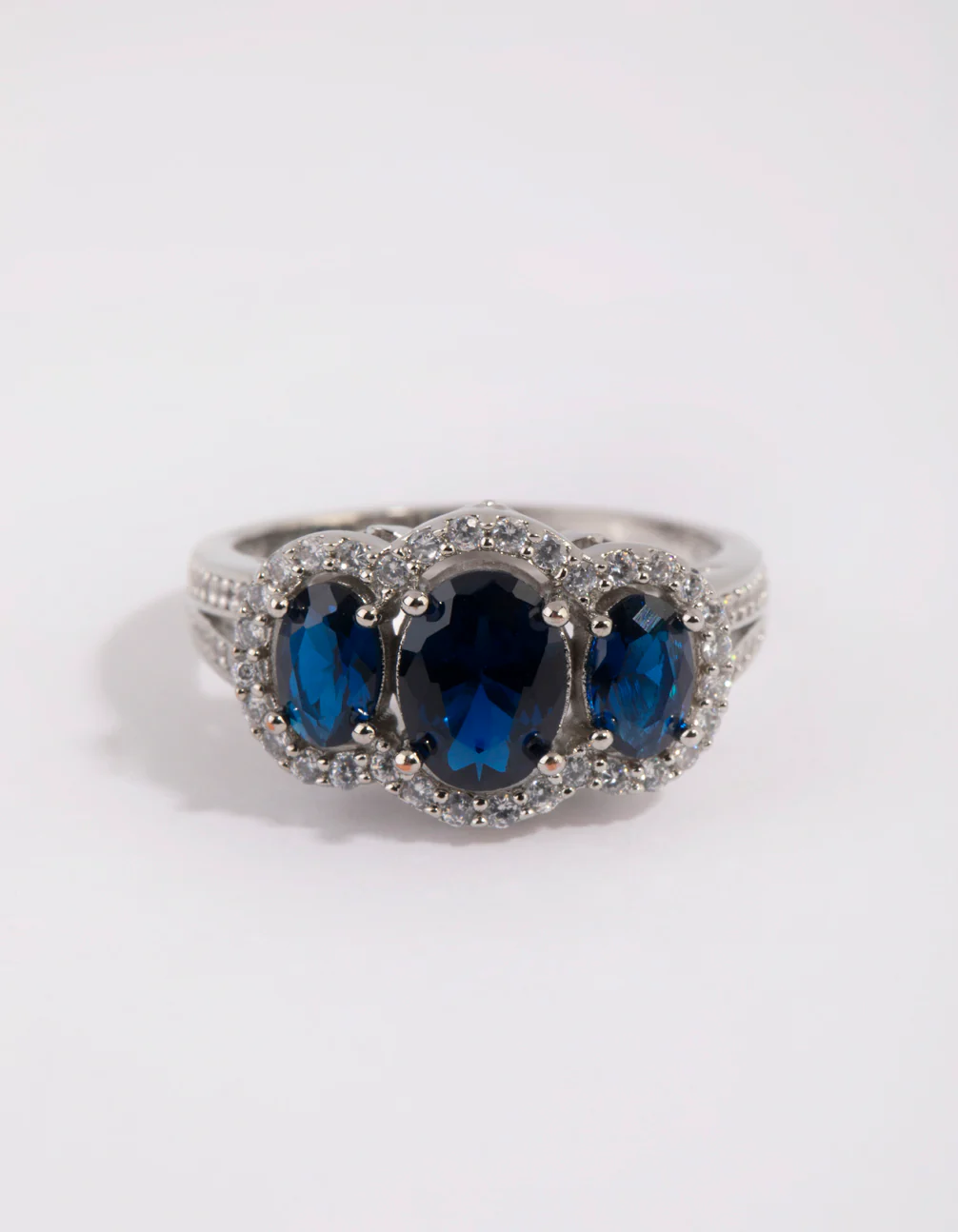 Silver Sapphire Cubic Zirconia Triple Stone Ring - Image 2